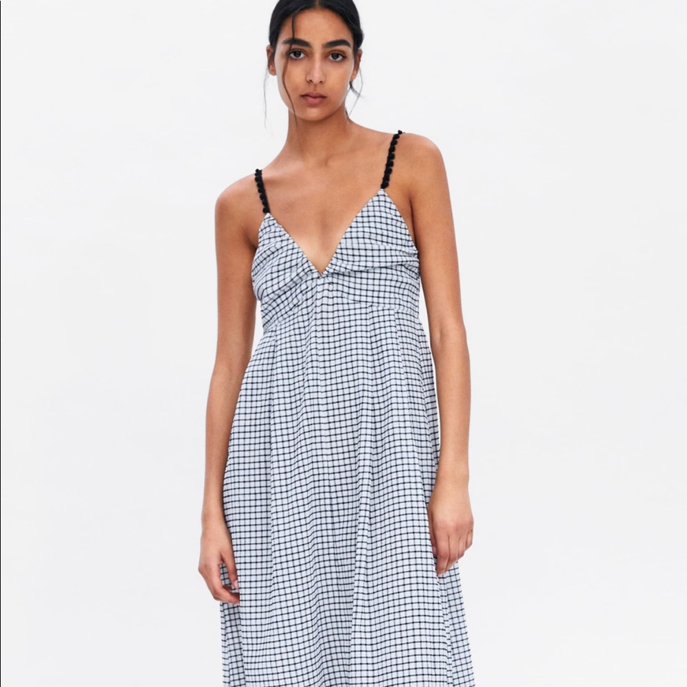Zara White and Black Check Maxi Dress